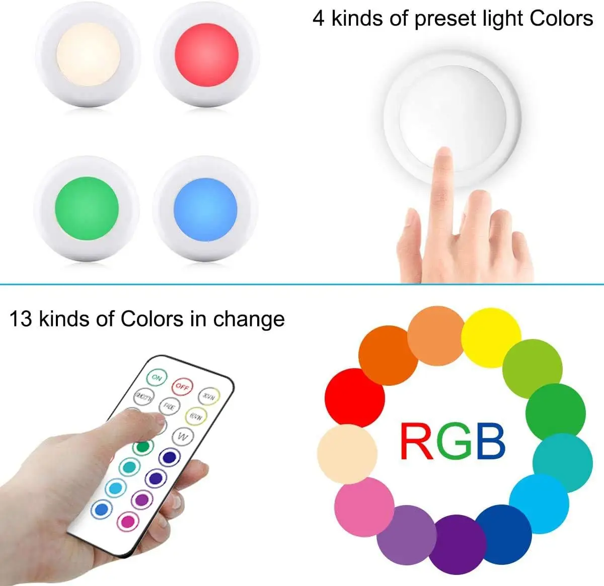 LED Puck Light RGB 13 Colors Night Light Battery Powered with Remote and Touch Control for Bedroom, Under Cabinet Light, Kitchen