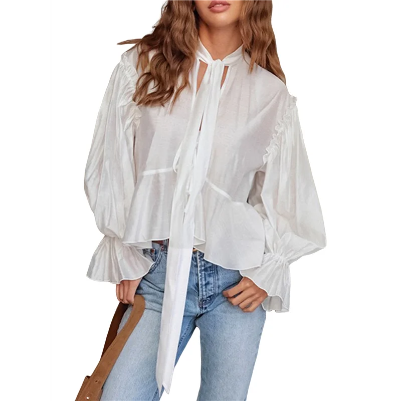 

【SEE】Tie Front Tops Womens Peplum Top Length Sleeve Going Out Tops Summer Vacation Blouse