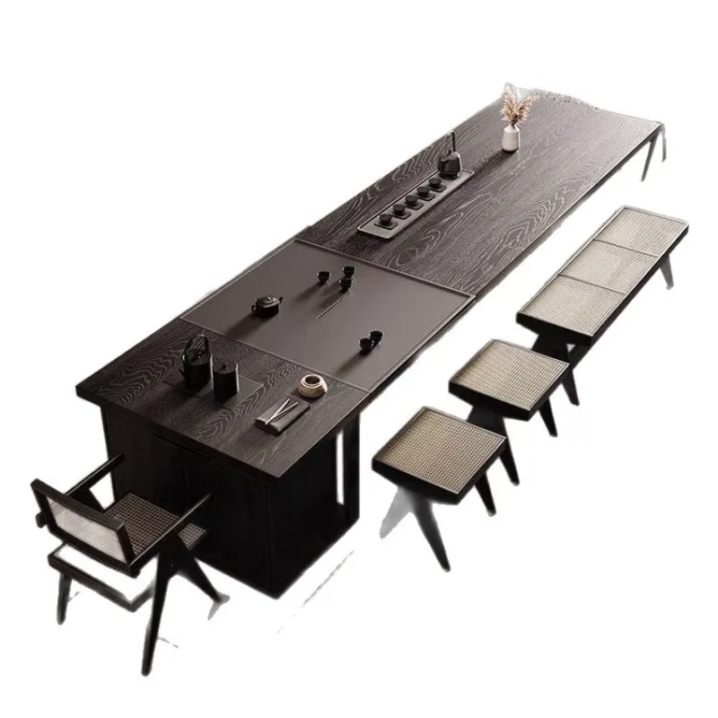 

Solid wood large board table and chair combination, kettle and tea tray integrated, modern simple home office tea table to