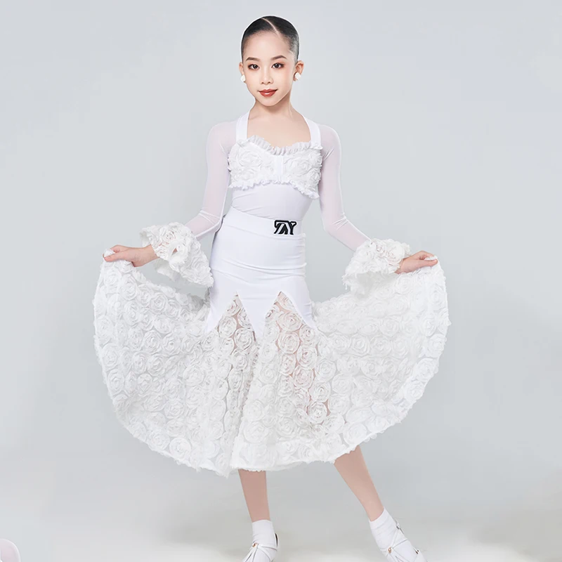 

Ballroom Dance Dress Standard Modern Dance Suit White Lace Skirt Girl Ballroom Performance Dress Kid Tango Stage Clothes VDL2810