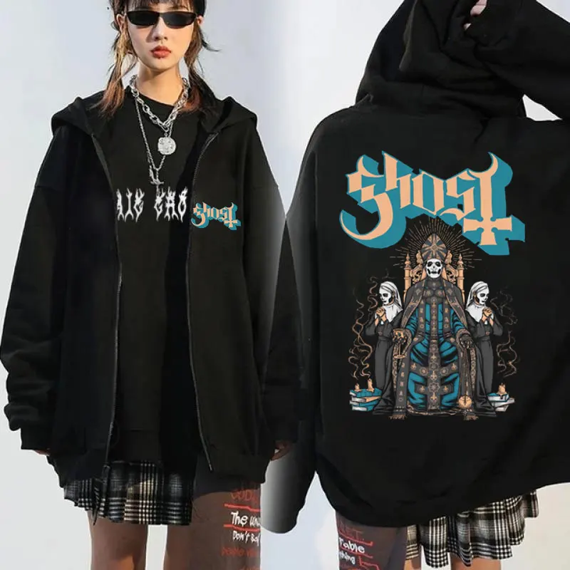 Vintage Ghost Band Skeleton Printed hoodie men fashion Winter fleece Hooded zip-up Hip Hop Gothic Punk Metal Sweatshirt jacket