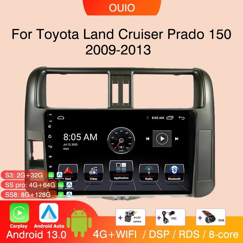 

8 ГБ + 128 ГБ Android 13 радио для Toyota Land Cruiser Prado 150 2009-2013 автомобильный стерео Мультимедийный Плеер Carplay авто GPS навигация