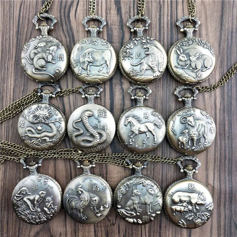 12 Stuks Set Vintage Luxe Chinese Dierenriem Carving Quartz Zakhorloge Voor Mannen Vrouwen Gegraveerd Fob Ketting Man Klok