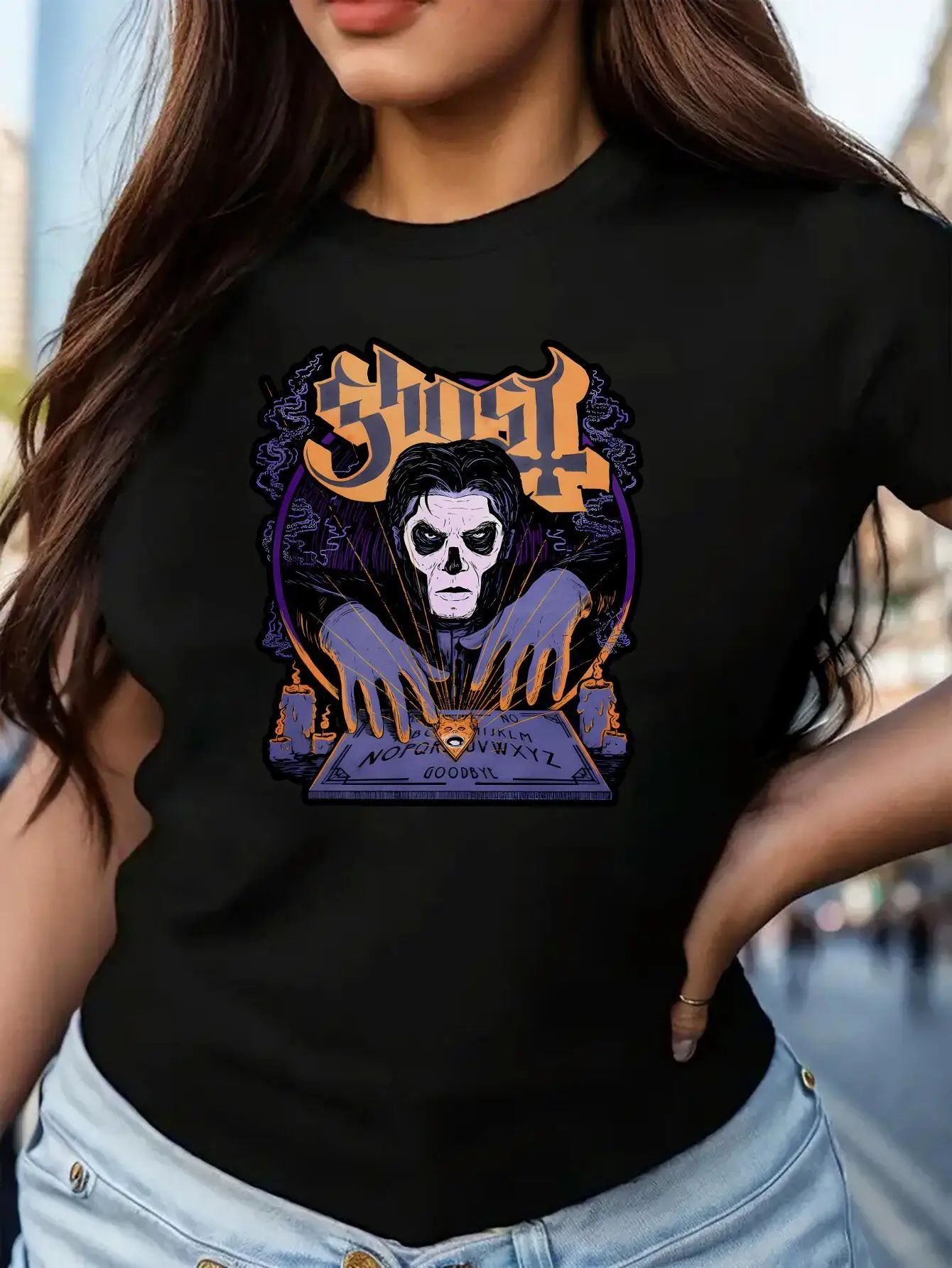 

Ghost Band Graphic T-Shirt for Women - Casual Polyester Crew Neck Tee with Vintage Design, Perfect for All Seasons