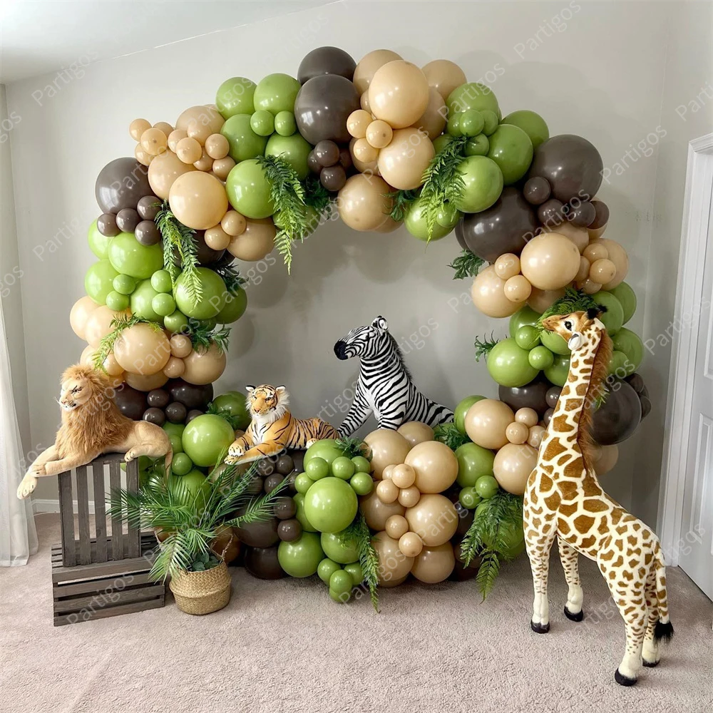 

132pcs Olive green Coffee Cream Latex Balloons Garland Skin Color Globos for Jungle Theme Baby Shower Kids Birthday Party Decor