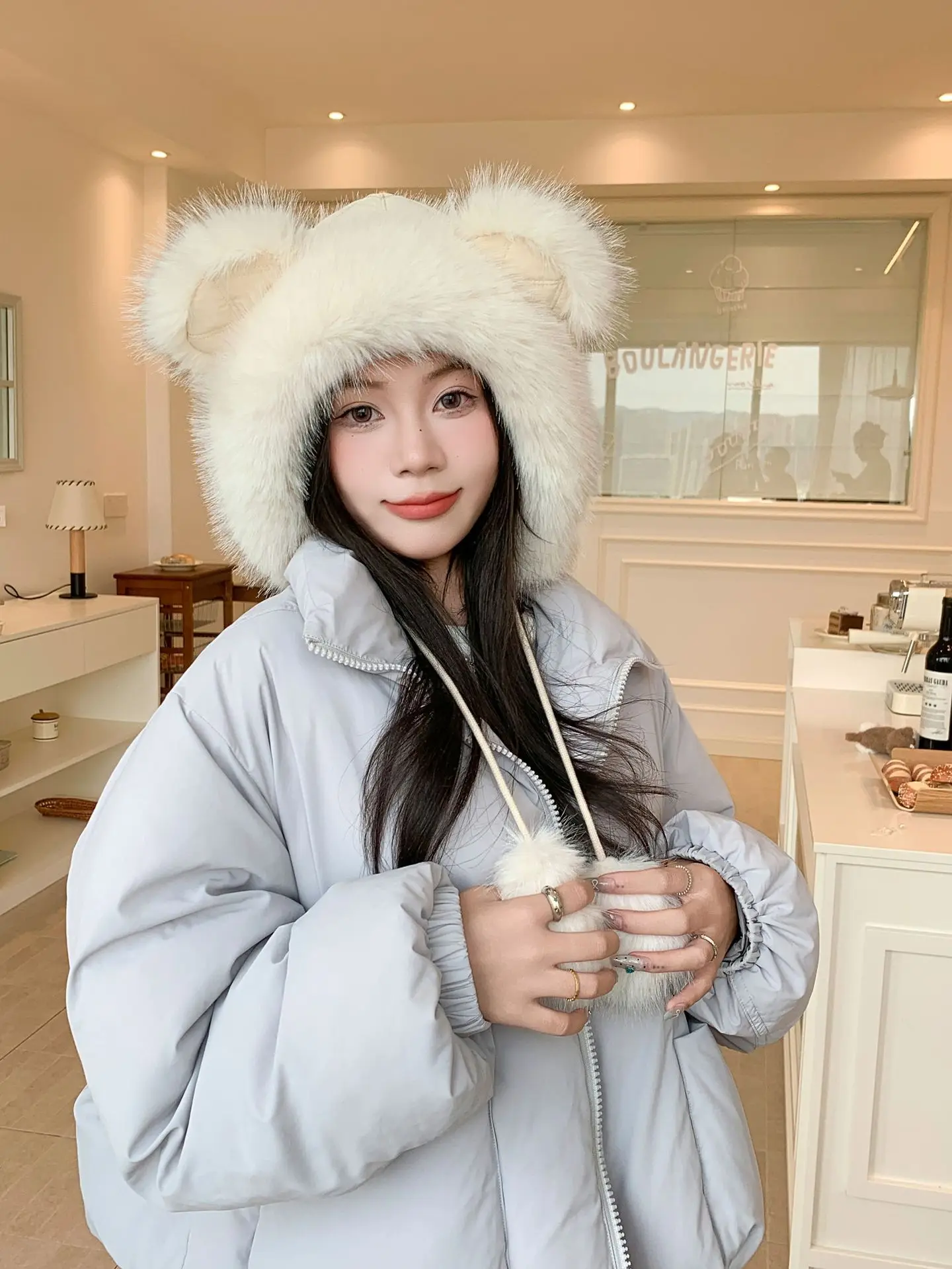 Autumn Winter Bear Ear Warm Flurry Hat Girls Women Cute Thickened Fleece Hooded Hat Cold-Proof Hat Cycling Outdoor Beanie Cap