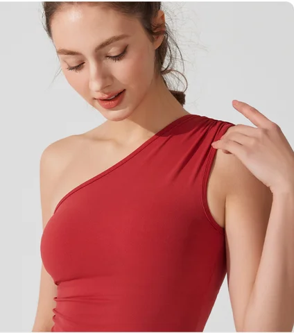 Nude one-shoulder waist yoga vest sports shaping running fitness long