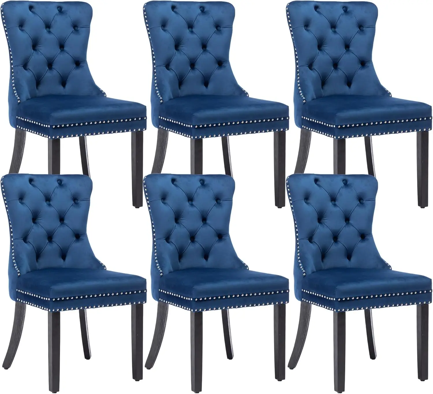 Velvet Dining Chairs Set of 6 Upholstered High-end Tufted Dining Room Chair Nailhead Back Ring Pull Trim Solid Wood Legs Blue