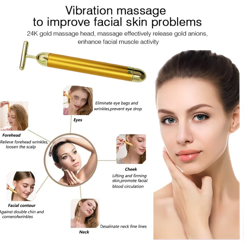 24K Gold T-Shaped Roller para Face Lift, massageador de emagrecimento, vara facial, ferramenta vibratória, beleza facial, cuidados com a pele