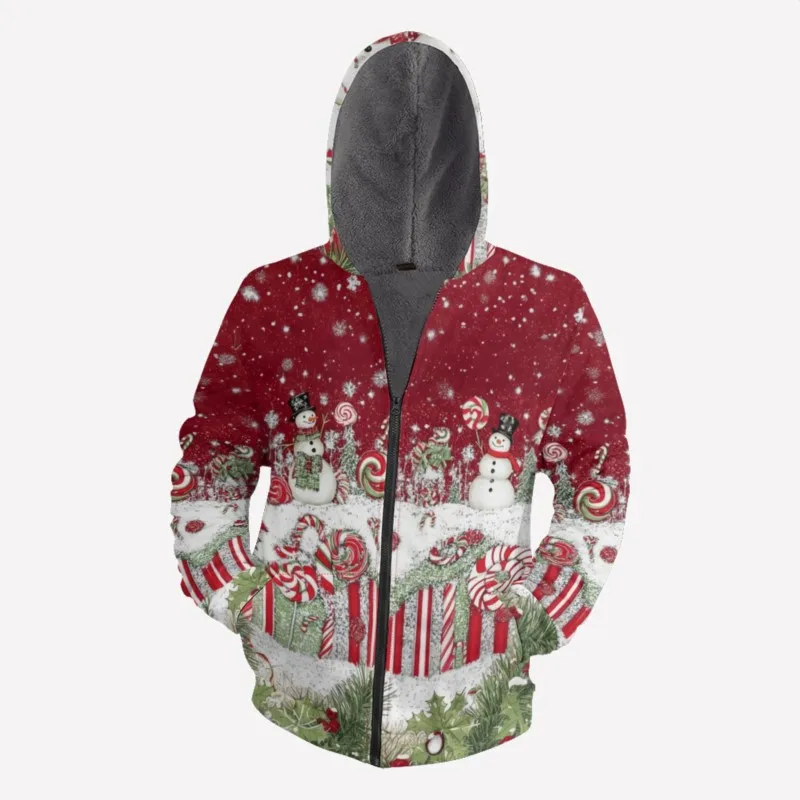 Men's Fleece Long Sleeve Zipper Hoodie Christmas Snowman Pattern For Women/Men Unisex Parkas Jacket Outerwear Streetwear