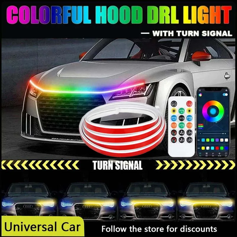 1.8m LED Car Hood Light Strip DRL Daytime Running Light Colorful Universal Decorative Lamp Turn Signal Stream Car Hood Headlight