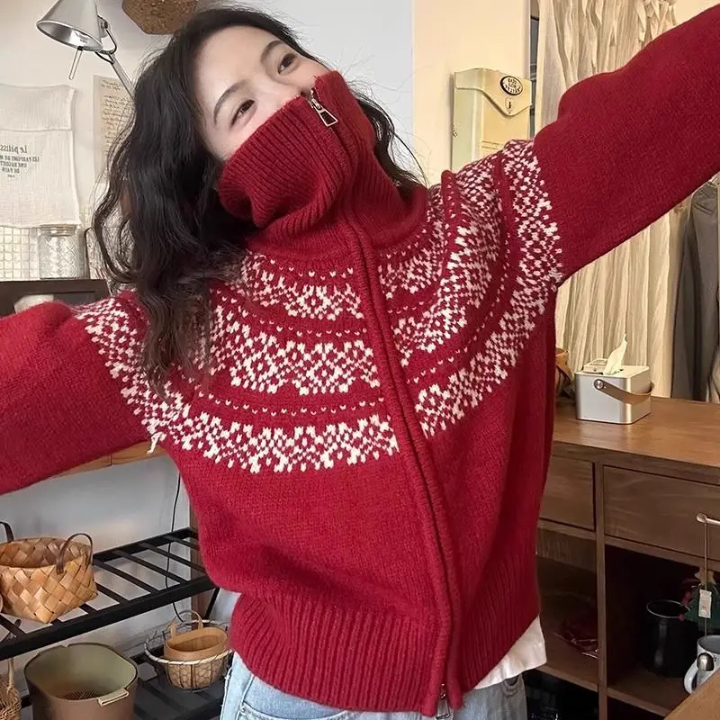 

Ретро жаккардовый воротник с двойной молнией красный свитер женский осень-зима Fair Island новый рождественский вязаный кардиган