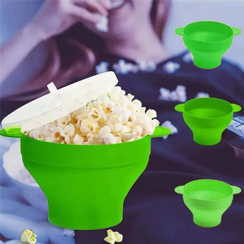 A01F-Popcorn Microwave Silicone Foldable Kitchen Easy Tools DIY Popcorn Bucket Bowl Maker With Lid,Light Blue Durable Easy Insta