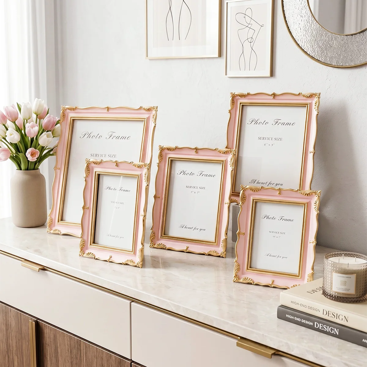 1PC, Rococo Pink-gold Color-matched Wave Relief Photo Frame, European Luxury Resin Display Stand, Wall-mounted Photo Frame