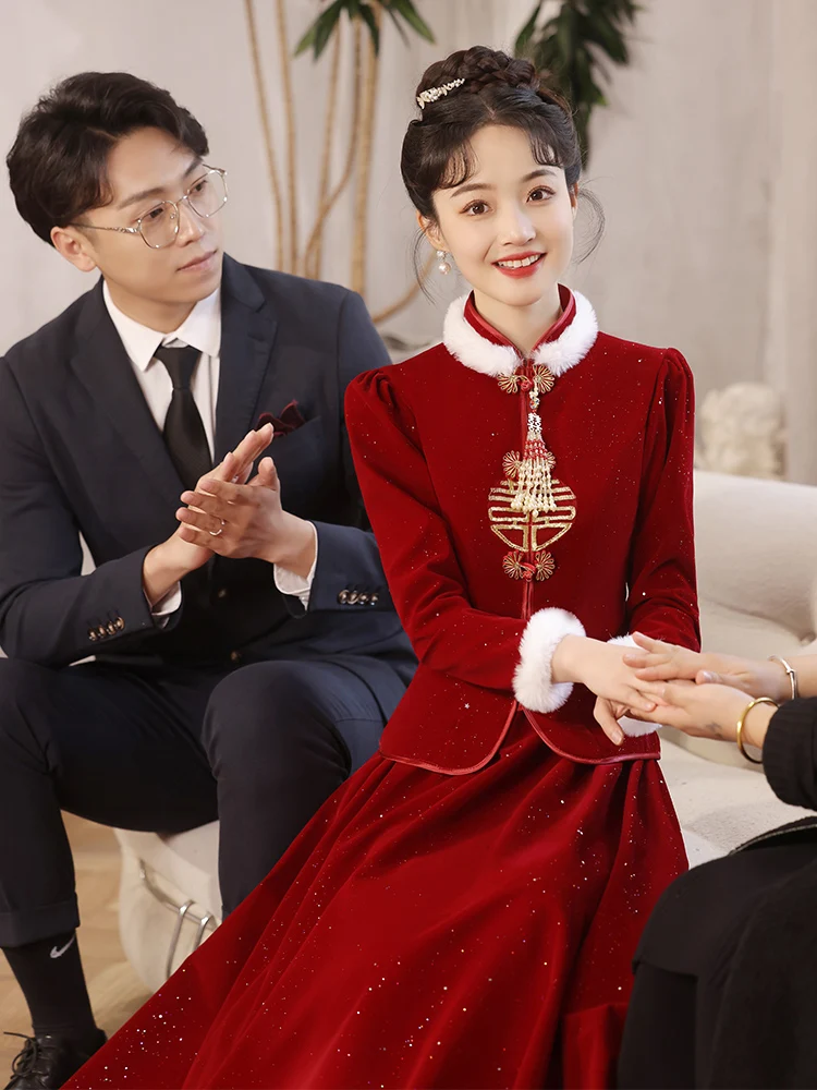 

Red Long Sve Wedding Dr Suit New 2026 Version Engaged Chinese Sle Women's Winter Faionable Vintage Feng eng Qi Pu