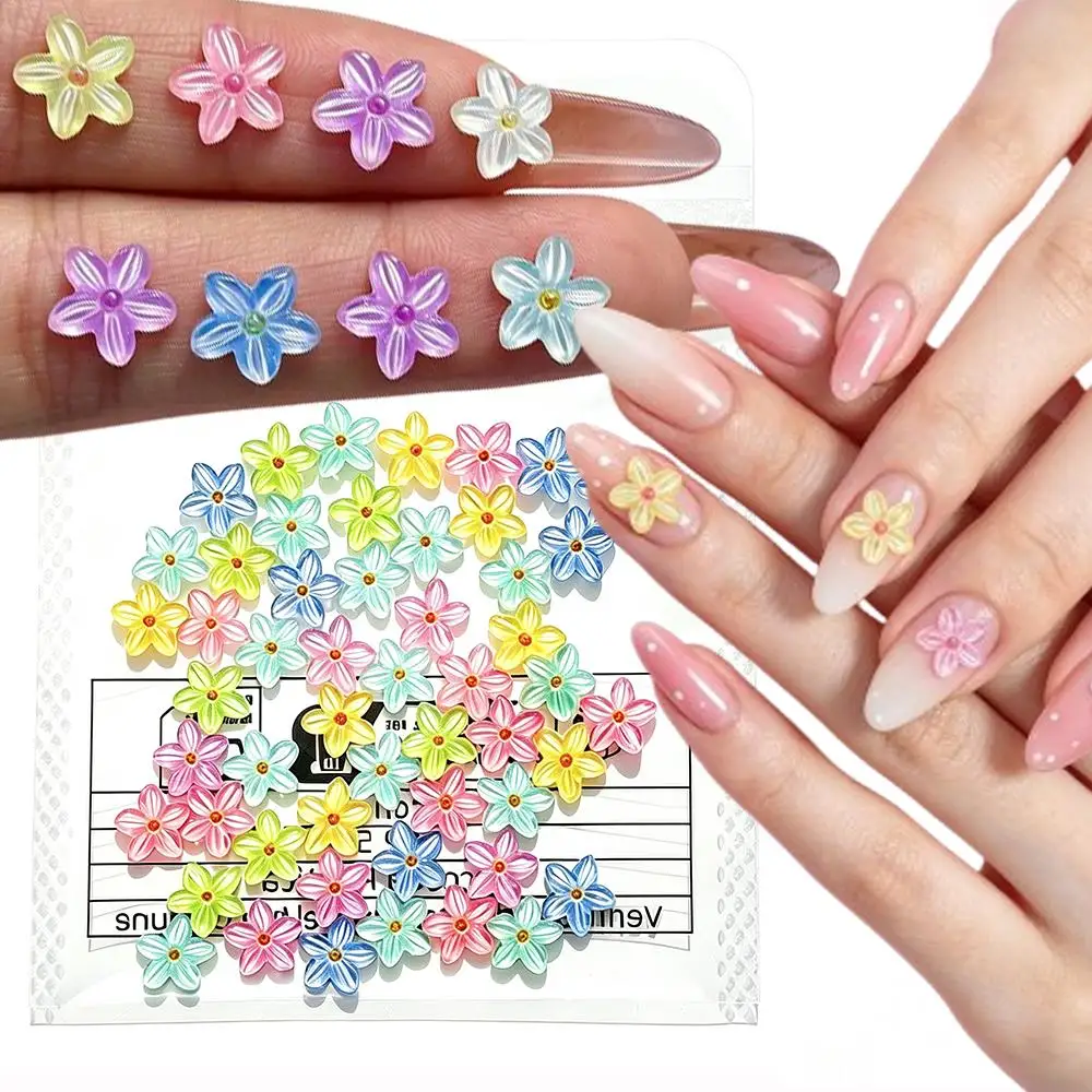 50Pcs 3D Mixed Colors Five-Petals Flower Nail Charms Ice Transparent Cherry Blossom Nails Decorations Floral Manicure Supplies Z
