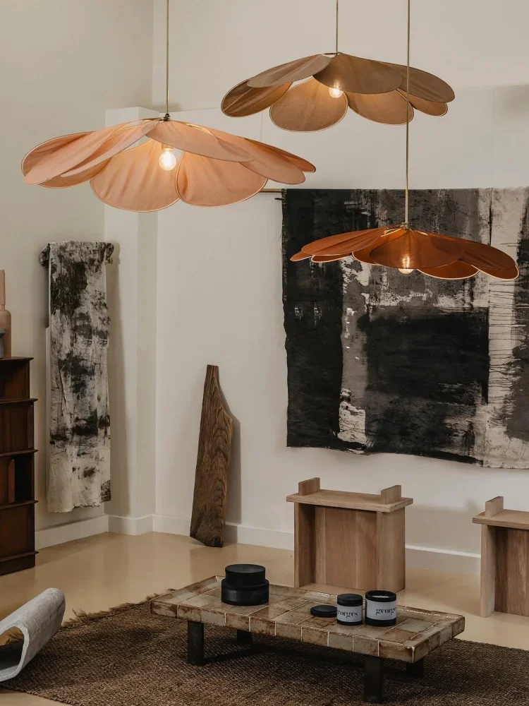 Bohemian Wabi Sabi Petal Linen Pendant Lamp Nordic Colorful Fabric Hanging Light for Dining Table Bedroom Living Room Chandelier