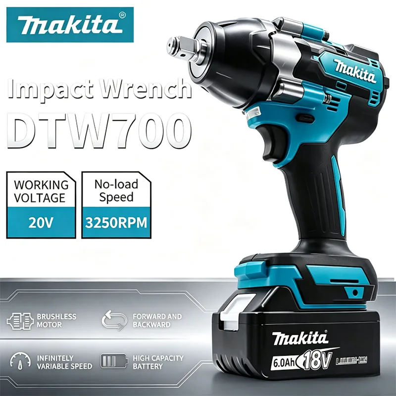Makita DTW700 18V Brushless High‑Torque Impact Wrench, 2.1kg Lightweight Rubber Grip, 1/2