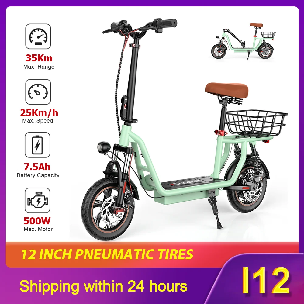 Groene i12 elektrische fiets met zadel & mandje 7.5Ah 500W elektrische e-scooter 35KM max. bereik 12 inch elektrische step 25km/u snelheid