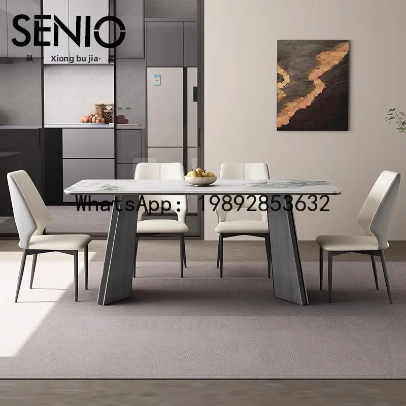 CZ Modern Minimalist Rock Plate Dining Table and Chair Set Stainless Steel Rectangular Small Apartment Restaurant Dining Table