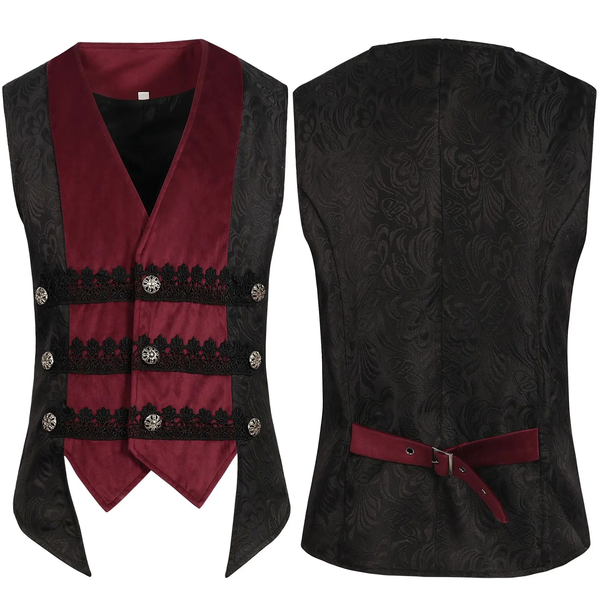 Men's Victorian Gothic Jacquard Patchwork Cosplay Vest Medieval Steampunk Single Breasted Waistcoat Halloween Vest Costume
