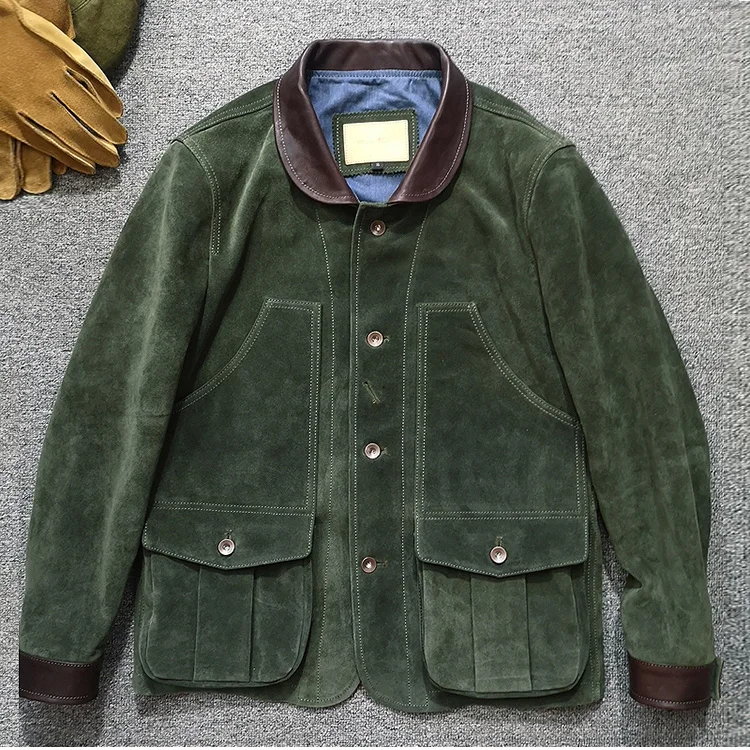 new Brand Free shipping.2023 winter cowhide leather jacket.men Green luxury cow suede coat.quality Japan style leather cloth