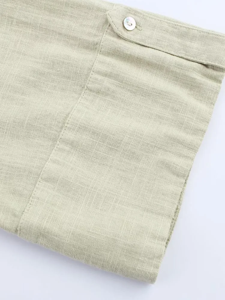 Verão novas camisas femininas vestido vintage sólido linho com decote em v 3/4 manga solta feminino elegante vestidos de rua