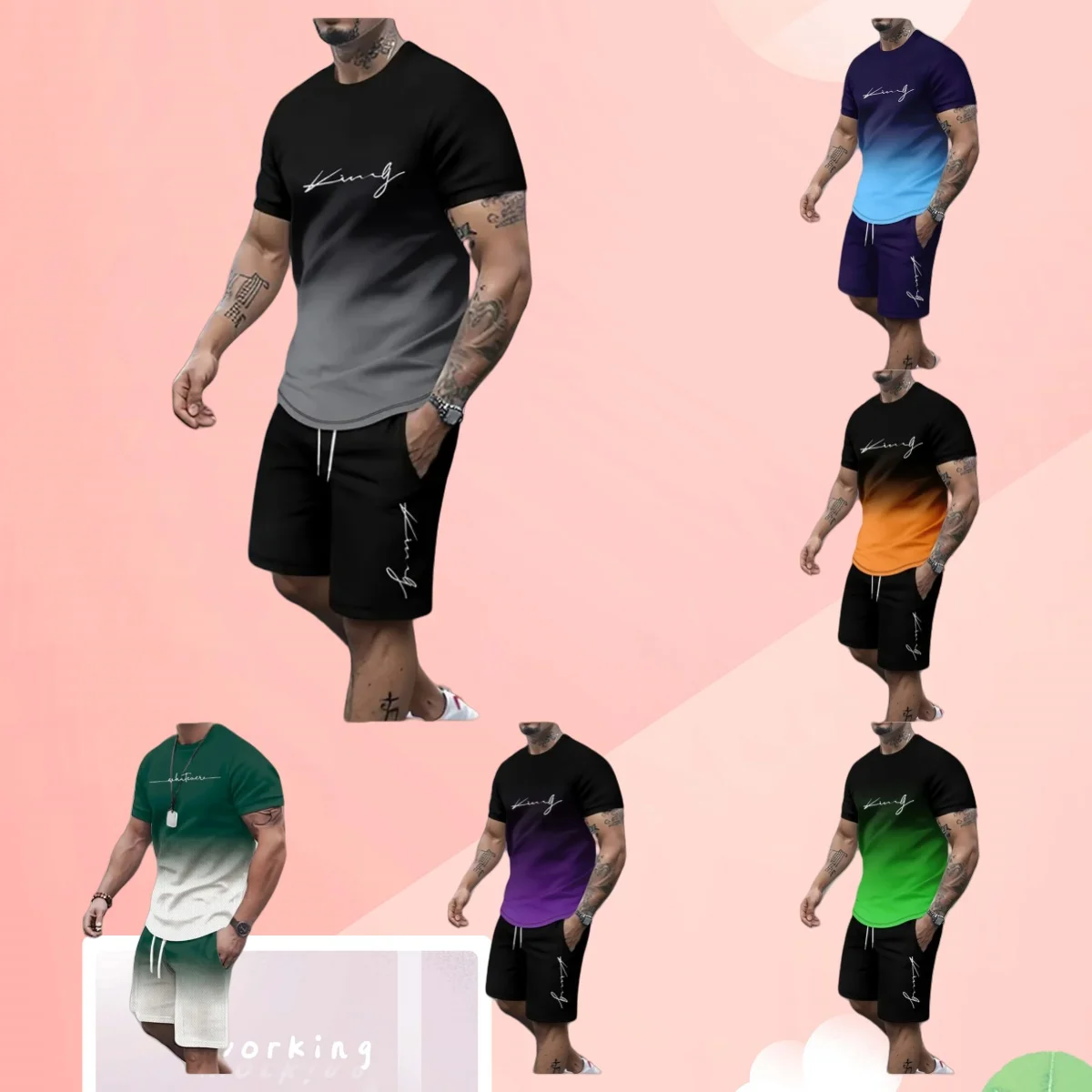 

2025 Mens Summer Casual Suit Textured Printed Mixed Color Short Sleeve Outdoor Street Fashion Shorts 2 Piece Pocket Loose Set