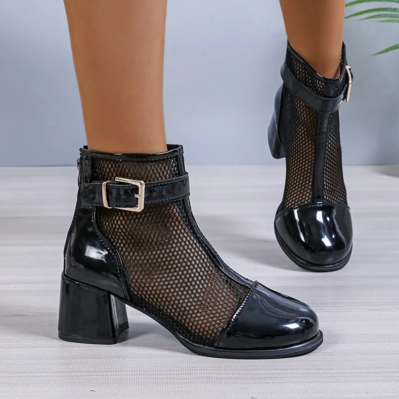 2024 new summer women Mesh Boots natural Leather shoes 22-24.5cm cowhide+mesh Thick soled  buckle back zip women sandals