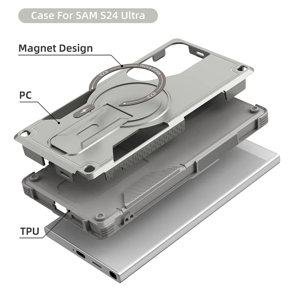 Funda de lujo para teléfono Magsafe con soporte magnético Invisible para Samsung Galaxy S25 S24 Ultra Plus, funda trasera dura anticaída