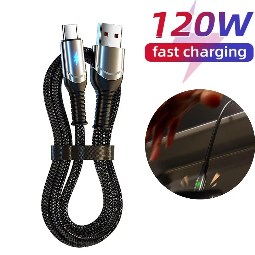 120 واط 6A نوع-C شحن سريع كابل بيانات التلقائي انقطاع التيار الكهربائي الحبل دائم مضفر شحن شاحن النايلون نوع-C البيانات بروتيك E1K8