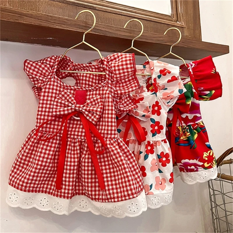 Spring Hot Day Dog Skirt with Flower/Lattice Print Outdoor Travel Walking Dogs Cats Skirt Breathable Dress Lightweight