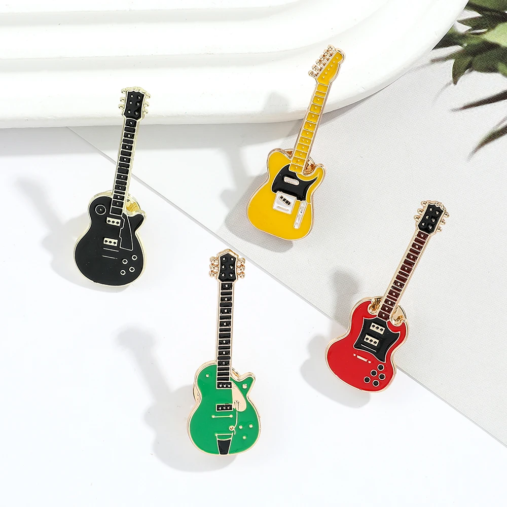 Cartoon guitar brooch, fashion accessory, funny metal guitar brooch, rock band guitar enamel pin, denim shirt