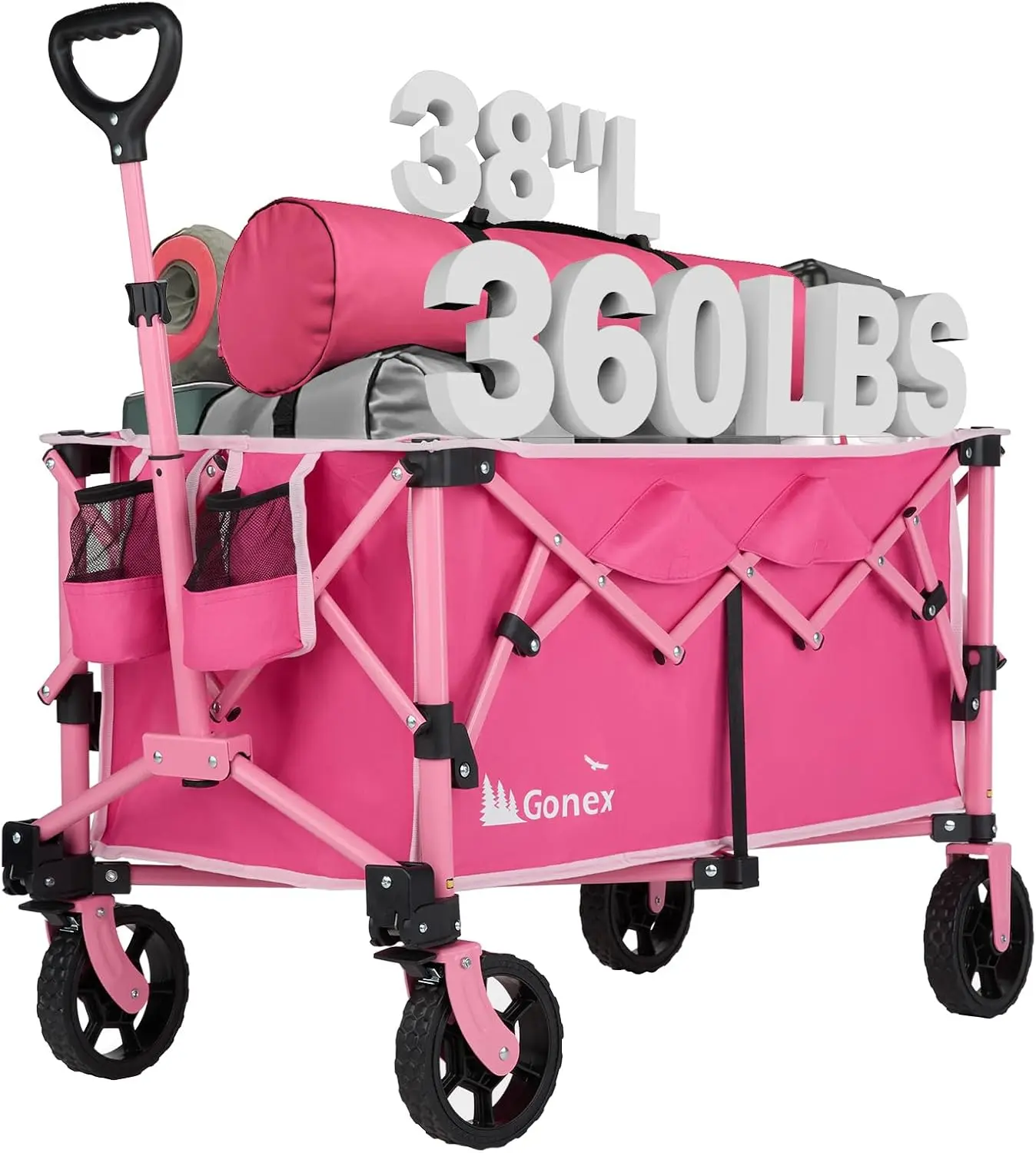 Pink Collapsible Foldable Wagon Cart for Grocery, Sports, Shopping, and Camping with 360lbs Weight Capacity and 220L Capacity