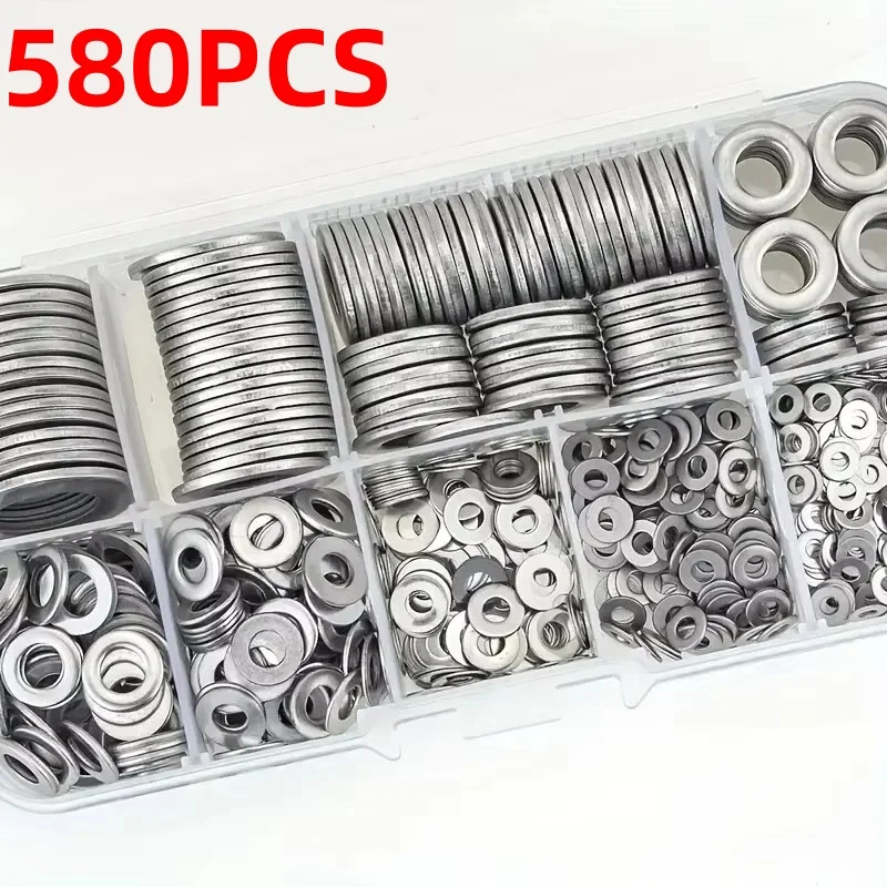 

580/360pcs 304 Stainless Steel Flat Washers Set, Perfect For Home Decor, Factory Repair, Kitchens, Shops & More