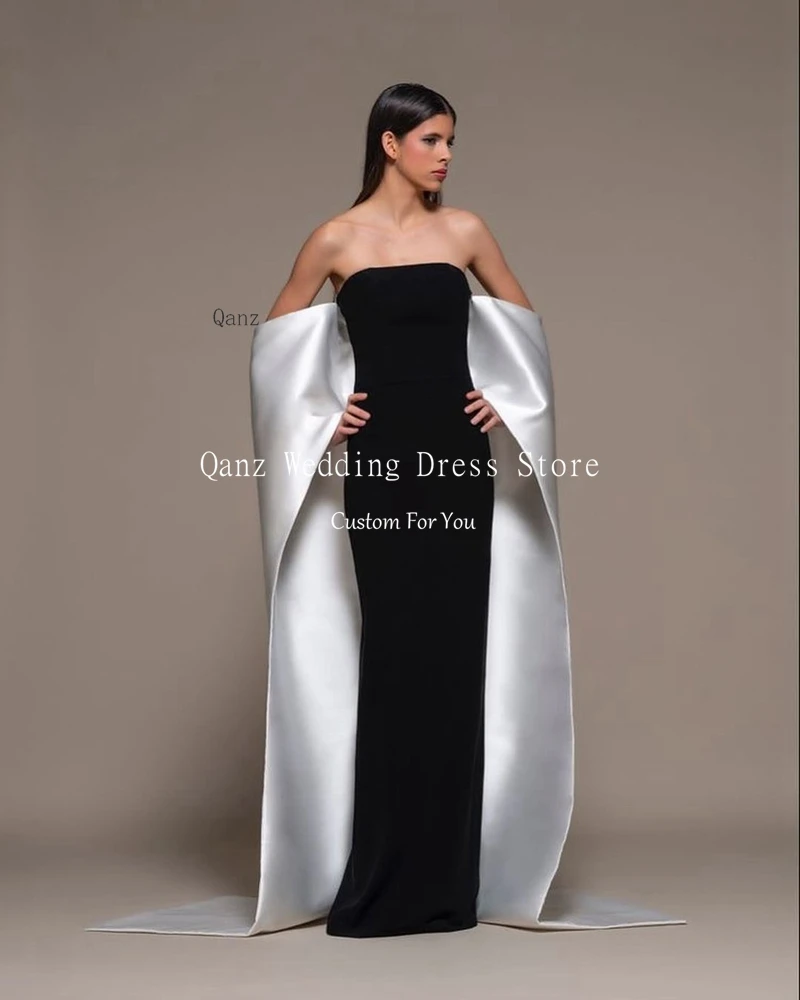 Qanz Off Shoulder Prom Dress Elegant Long Cape Evening Dress Mermaid فستان سهرة Customized Satin Party Dresses Robes De Soirée