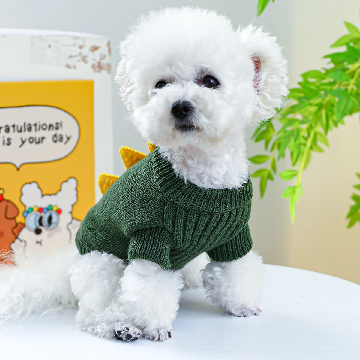 1PC Pet Wear Dog Spring, Autumn, and Winter Warm 3D Green Cute Dinosaur Knit Pullover Sweater For Small Medium Dogs