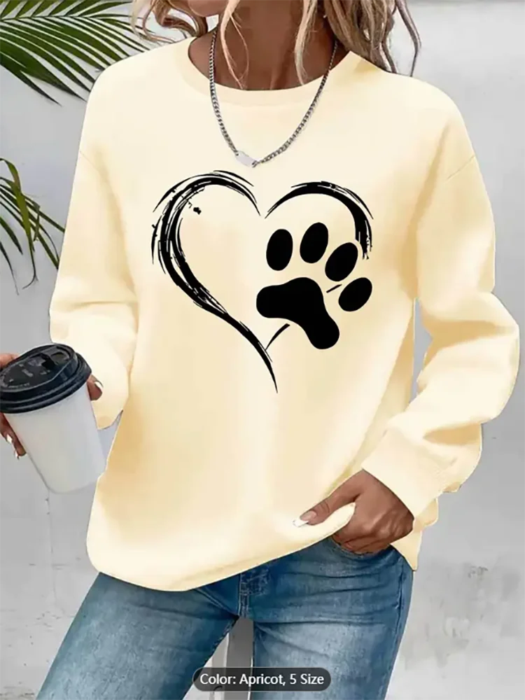 

Womens Apricot Sweatshirt Heart Paw Graphic Print Casual Oversized Pullover Top for Pet Lovers Pure Cotton Casual Long-Sleeve