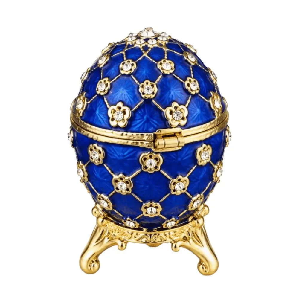 Compact Enamel Jewelry Box Hinged Lid Zinc Alloy Egg Trinket Box Rhinestone Decoration Blue Color Mini Jewelry Organizer