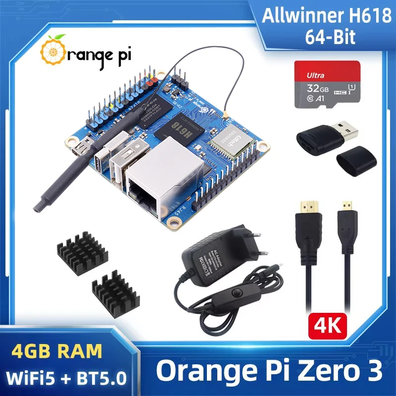 Orange Pi Zero 3 4G RAM Allwinner H618 Quad-Core Cortex-A53 64-bit Dual Band WiFi5+BT 5.0 Gigabit LAN Android Debian Ubuntu OS