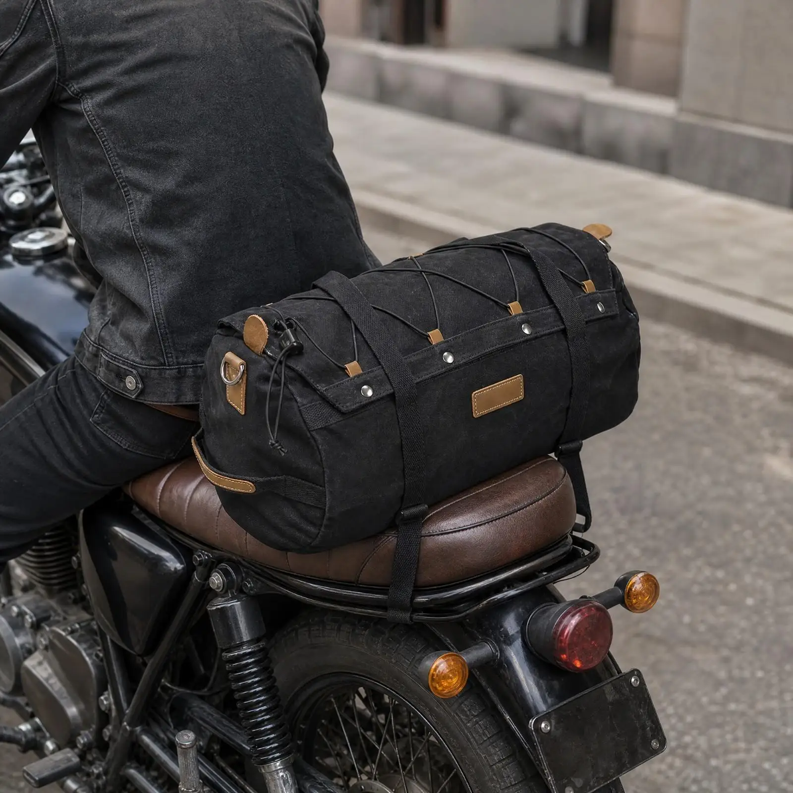Canvas Motorcycle Rear for seat Bag Foldable Duffel Storage for Road Trip with Snap Straps Metal Hardware