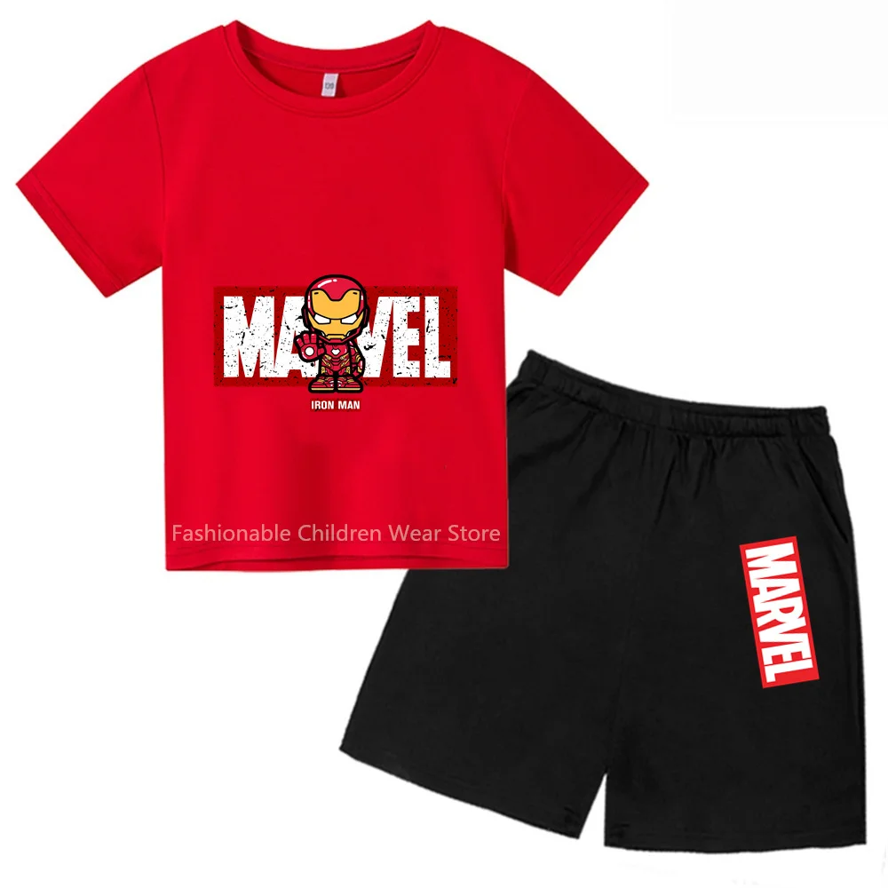 Marvel Avengers Q-Edition Iron Man Cartoon Kids' T-shirt & Shorts Set - Stylish & Cool for Boys & Girls' Summer Outdoor Fun