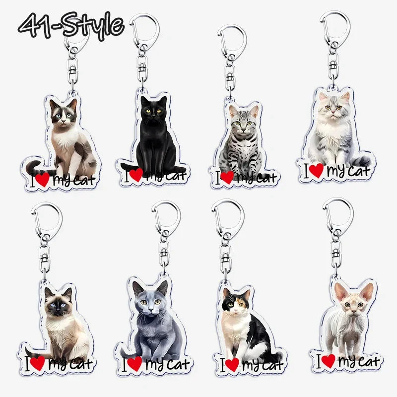 I Love My Cat Acrylic Keychain for Accessories Bag Cute Black Maine Coon Cat Pendant Key Chain Ring Keyring Jewelry Pets Gifts