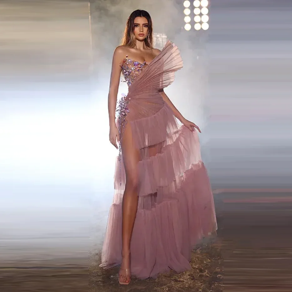 Dusty Pink Beaded Prom Gown Ruffled Transparent Sexy Maxi Dress To Party Off Shoulder Tulle Long Layered Prom Gowns High Split