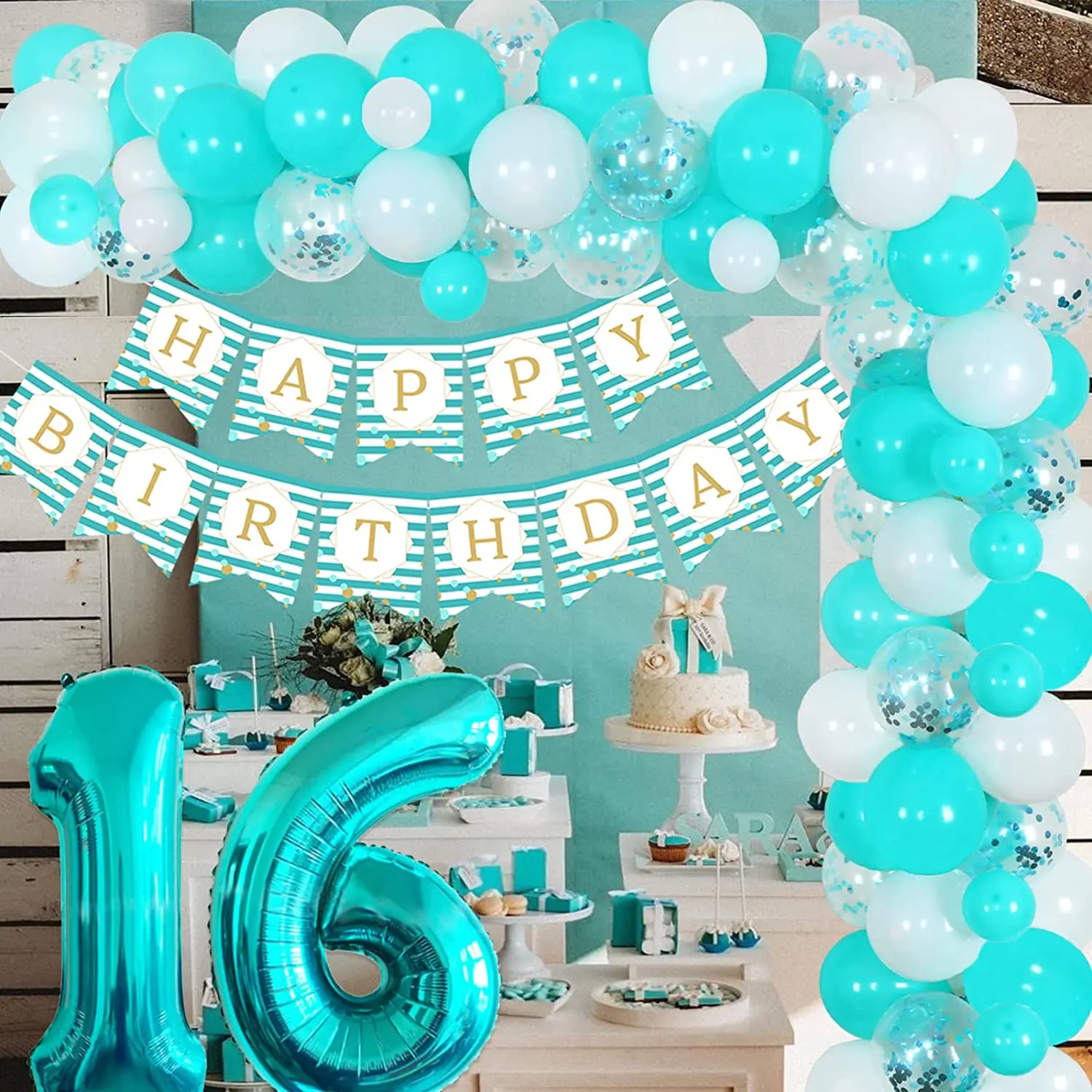 

Cheereveal Teal Blue 16th Birthday Party Decorations Turquoise Balloon Garland Happy Birthday Banner for Girl Sixteenth Birthday