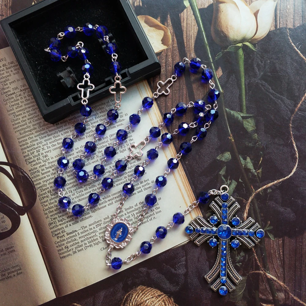 Cottvott Pray Chaplet Baptism Gothic Retro Blue Crystal Beaded Chain Rhinestone Cross Medalla Milagrosa Rosary Necklace Jewelry