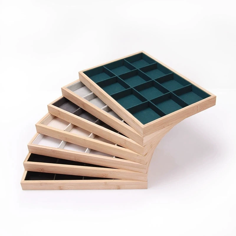 Fashion Bamboo Wood Jewelry Display Tray 12 Grids Necklace Bracelet Earrings Ring Hairpins Storage Trays Counter Showcase Props