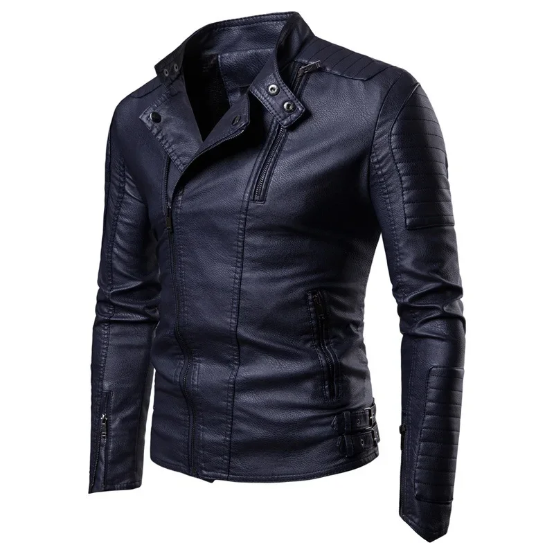 Oblique Pull Motorcycle Leather Jacket Men Autumn Winter New Fleece-Lined Thickening Trendy Casual Leather Clothing Coat