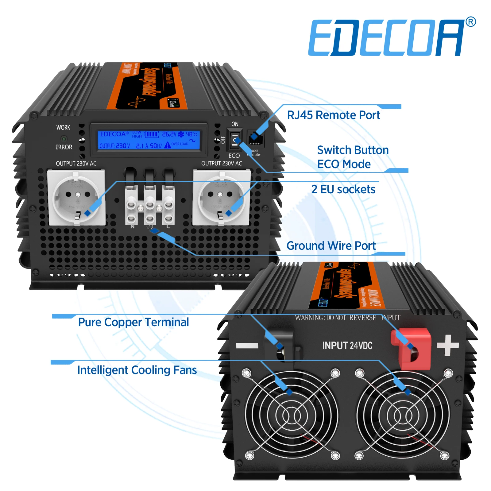 EDECOA 3500W Power Inverter DC 24V AC 220V 230V Pure Sine Wave 