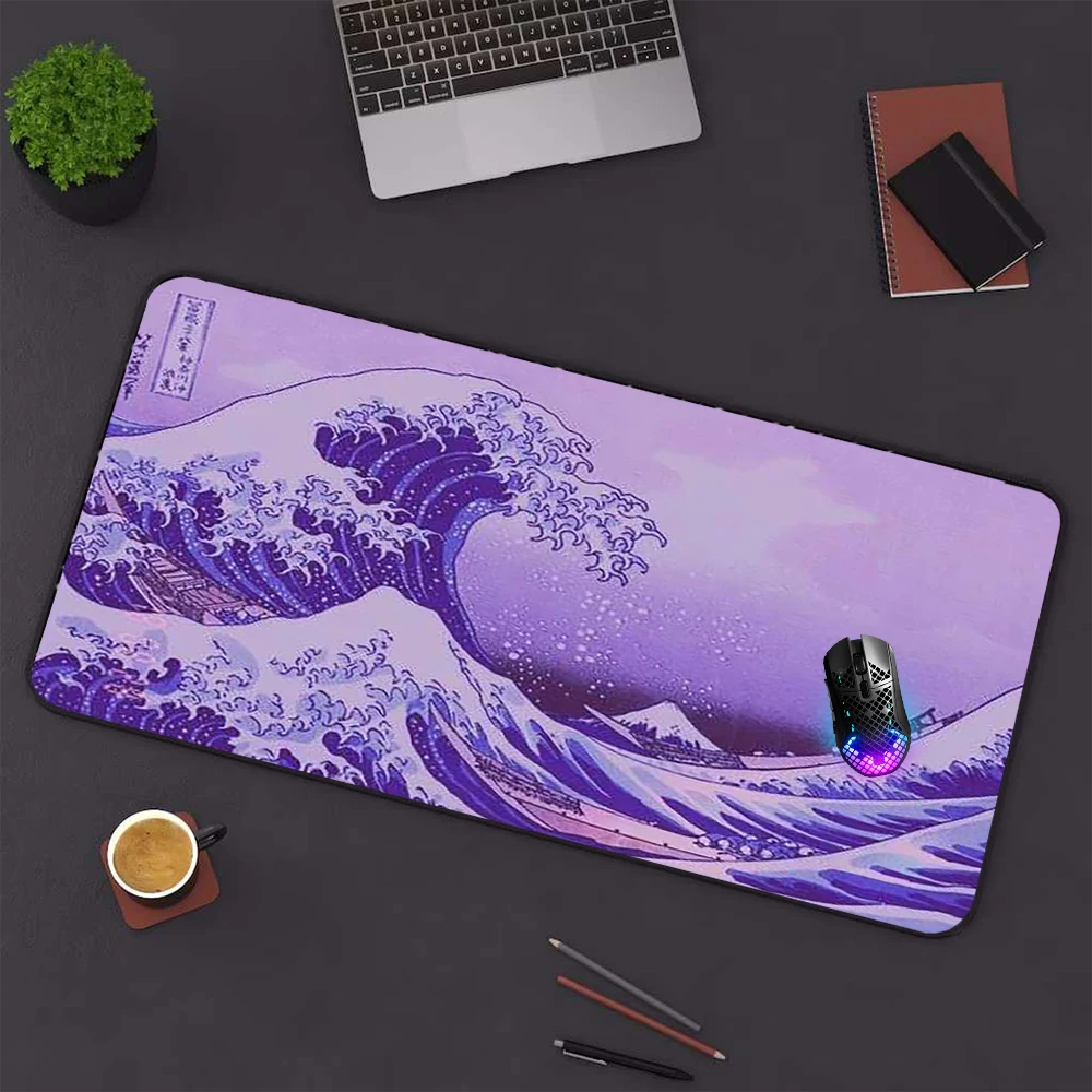 Estilo japonês grande roxo mouse pad, tapete de jogos para pc, acessórios de computador, grande onda, casa, escritório, 100x50, 90x40